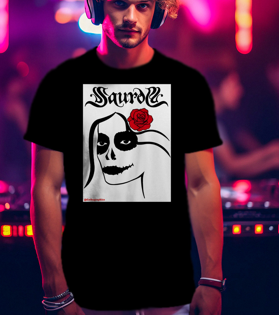 Saurom Cathygraphics Skull Face With Red Rose T-Shirt