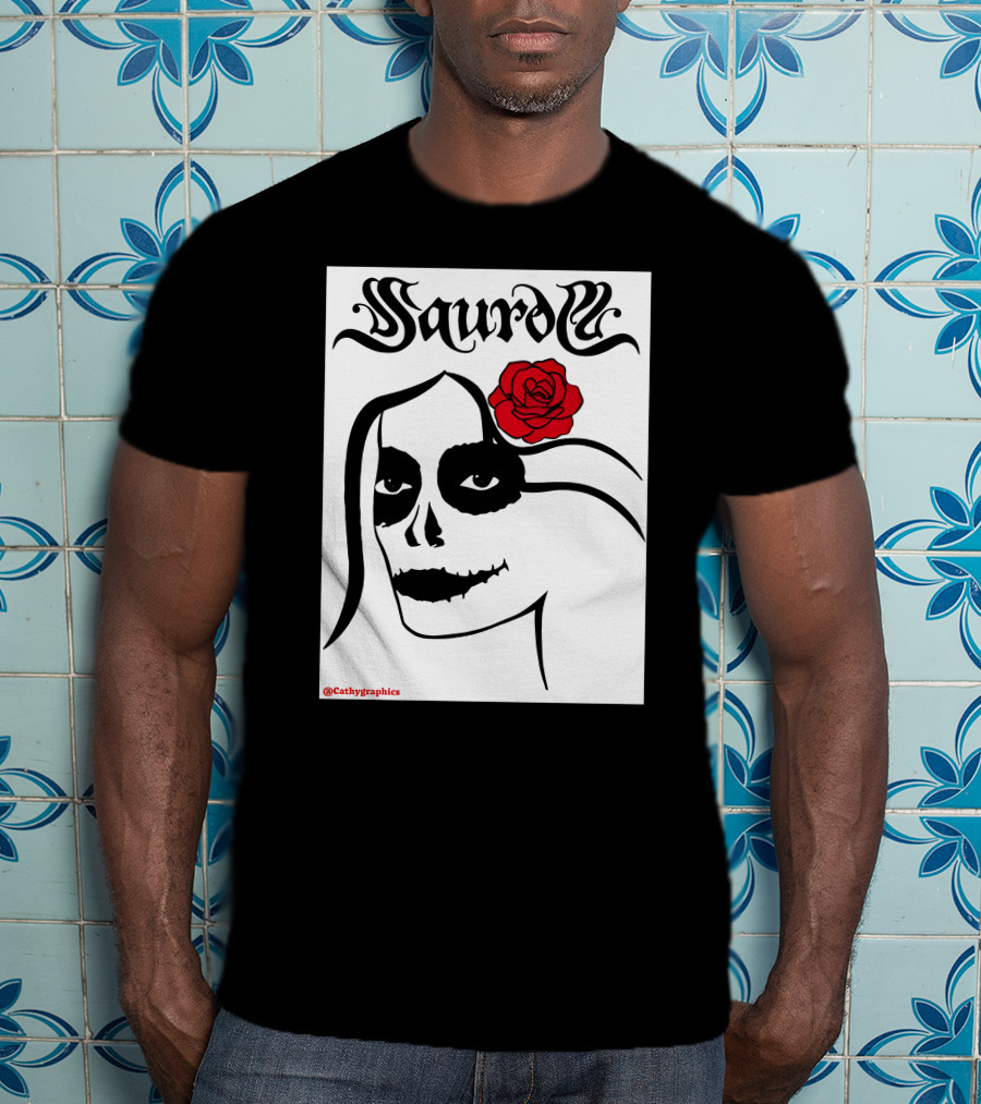 Saurom Cathygraphics Skull Face With Red Rose T-Shirt