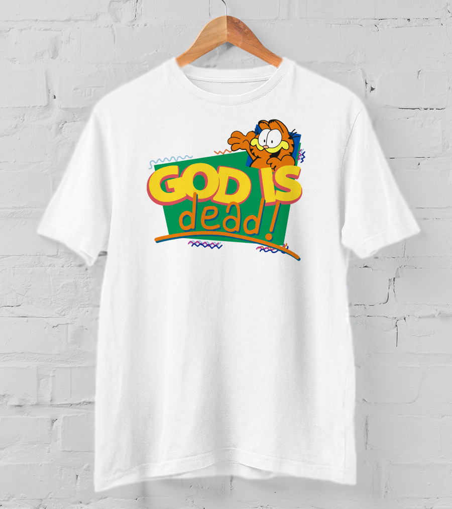 Garfield God Is Dead Comic Style Text With Playful Cartoon Character T-Shirt