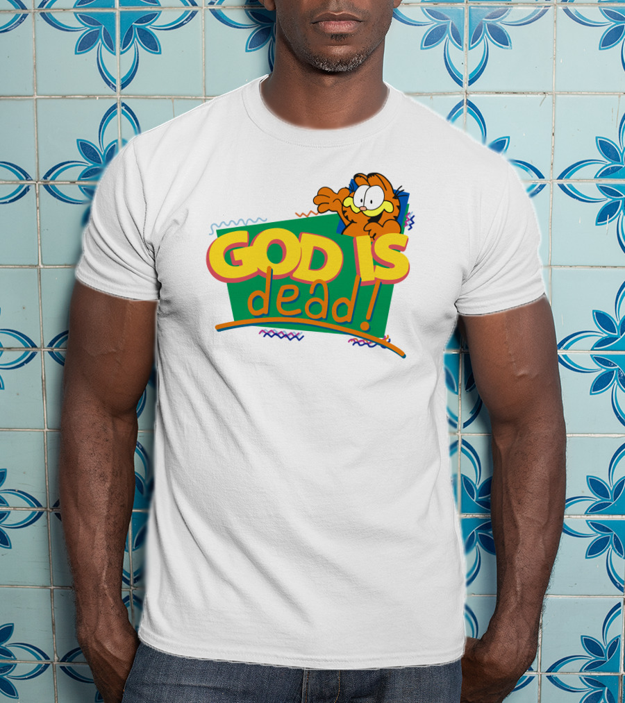 Garfield God Is Dead Comic Style Text With Playful Cartoon Character T-Shirt