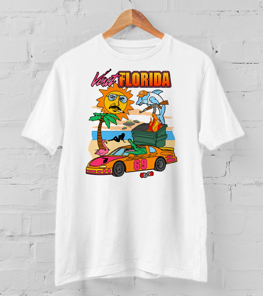 Shithead Steve Merch Visit Florida Flaming Dumpster Racing Car 69 Armed Dolphin Palm Tree Sun Face T-Shirt