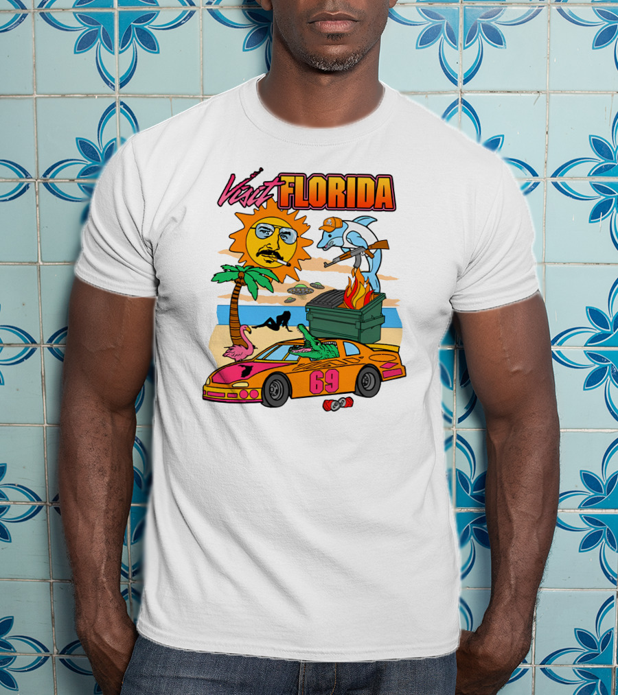 Shithead Steve Merch Visit Florida Flaming Dumpster Racing Car 69 Armed Dolphin Palm Tree Sun Face T-Shirt