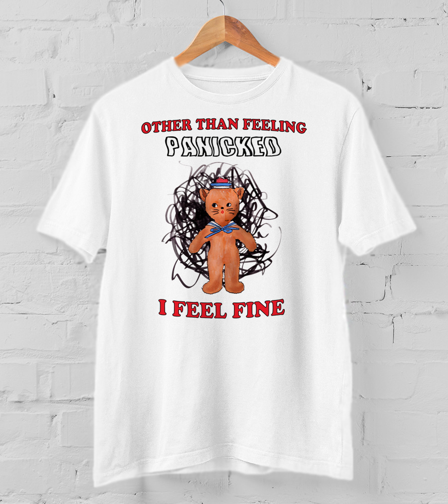Other Than Feeling Panicked I Feel Fine Cat With Blue Bow And Hat T-Shirt