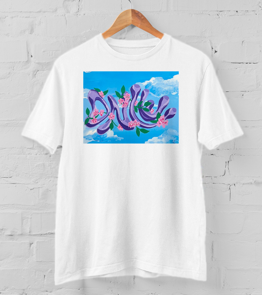 Jolene Dance Purple Script With Pink Flowers On Blue Sky Background T-Shirt