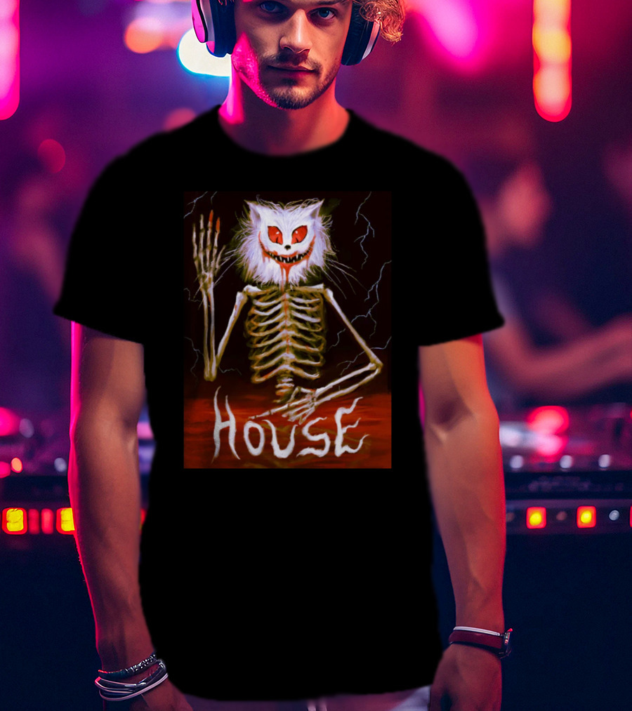 House Skeleton Cat Spirit With Lightning T-Shirt