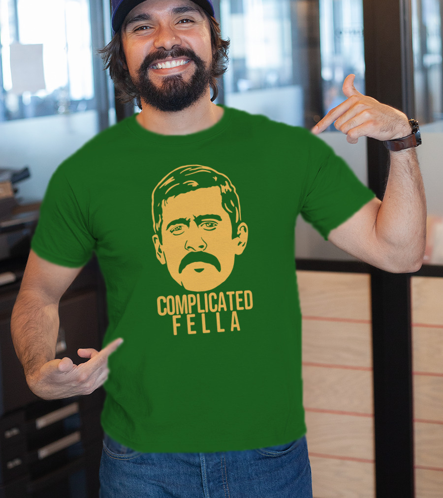 Complicated Fella Graphic With Mustache On Green Background T-Shirt