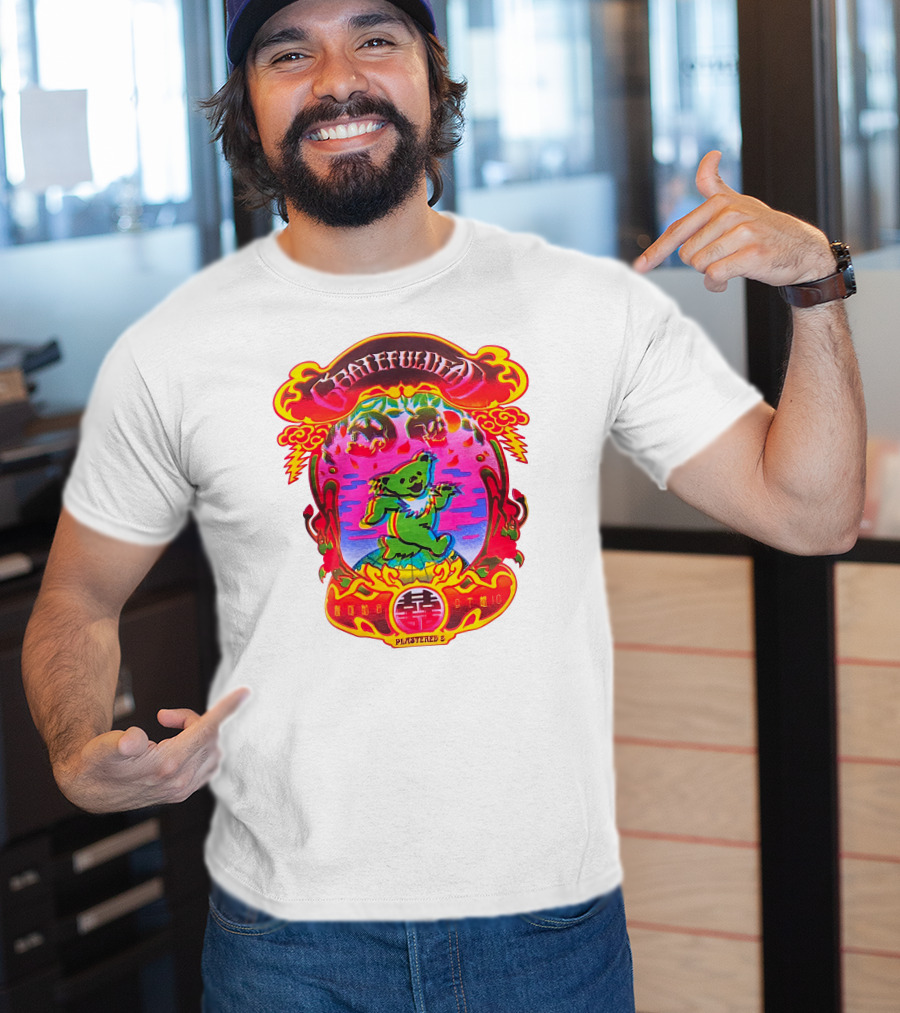 Grateful Dead X Plastered Psychedelic Bear Design With Skulls And Lightning T-Shirt