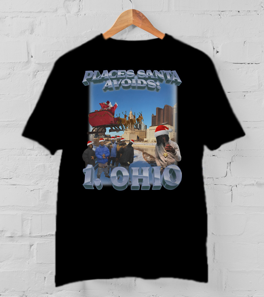 Places Santa Avoids 1 Ohio Santa's Sleigh Reindeer Columbus Skyline T-Shirt