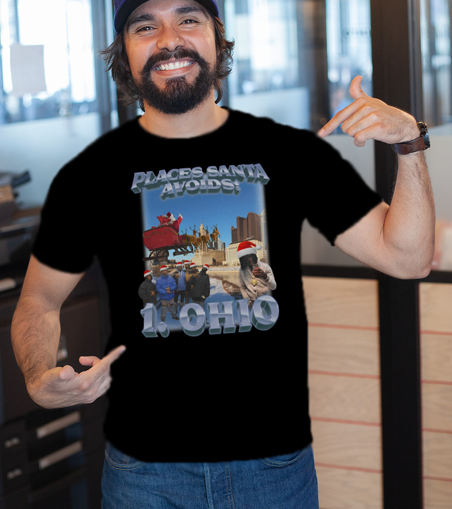 Places Santa Avoids 1 Ohio Santa's Sleigh Reindeer Columbus Skyline T-Shirt