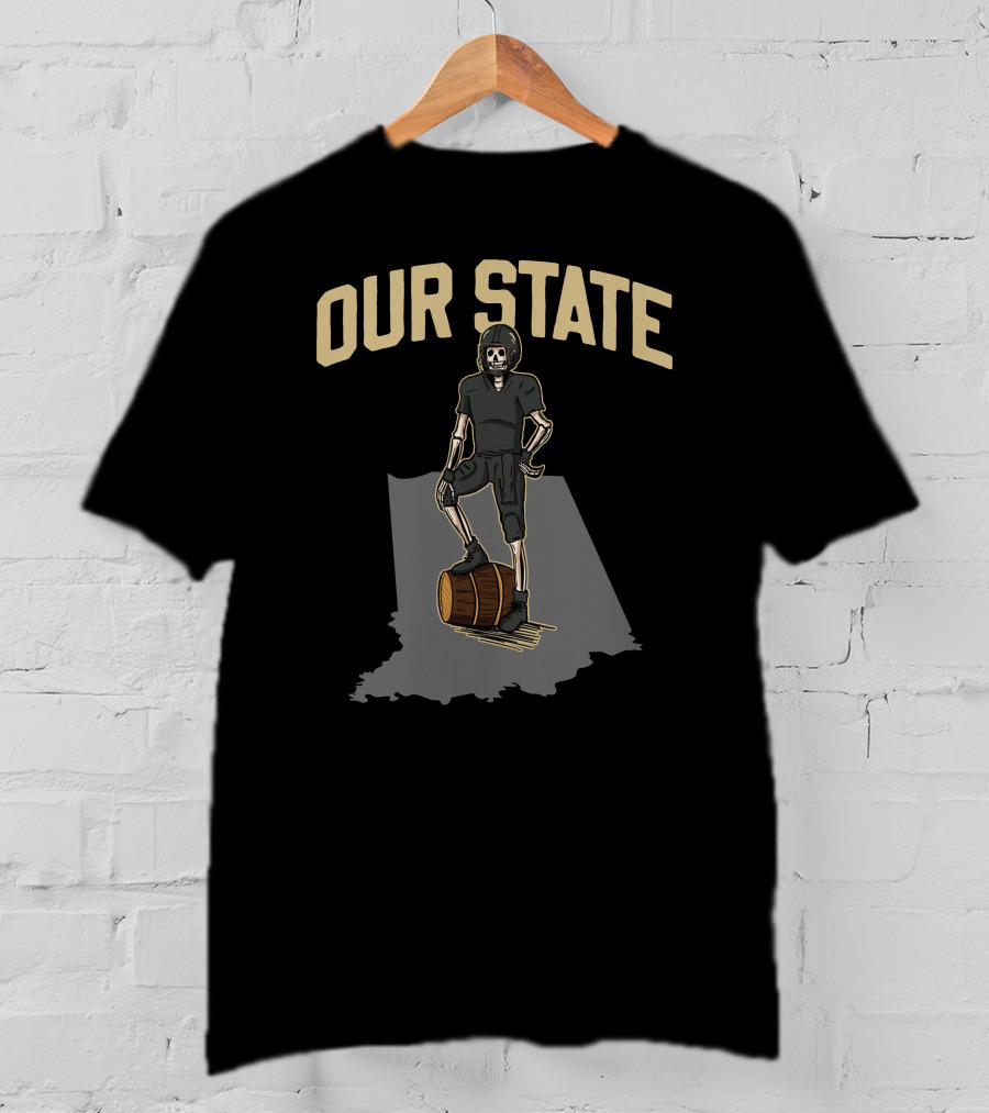 Our State Barstool Boilers Skeleton On Barrel Indiana Shadow T-Shirt