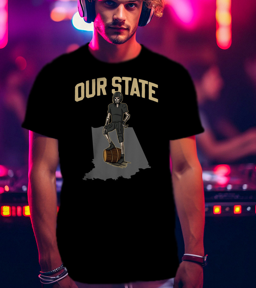 Our State Barstool Boilers Skeleton On Barrel Indiana Shadow T-Shirt