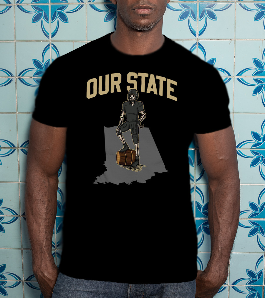 Our State Barstool Boilers Skeleton On Barrel Indiana Shadow T-Shirt