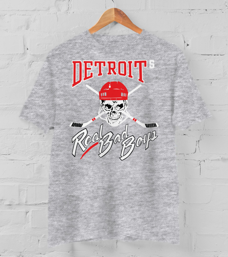 Detroit Real Bad Boys Skull With Hockey Helmet And Crossed Sticks T-Shirt