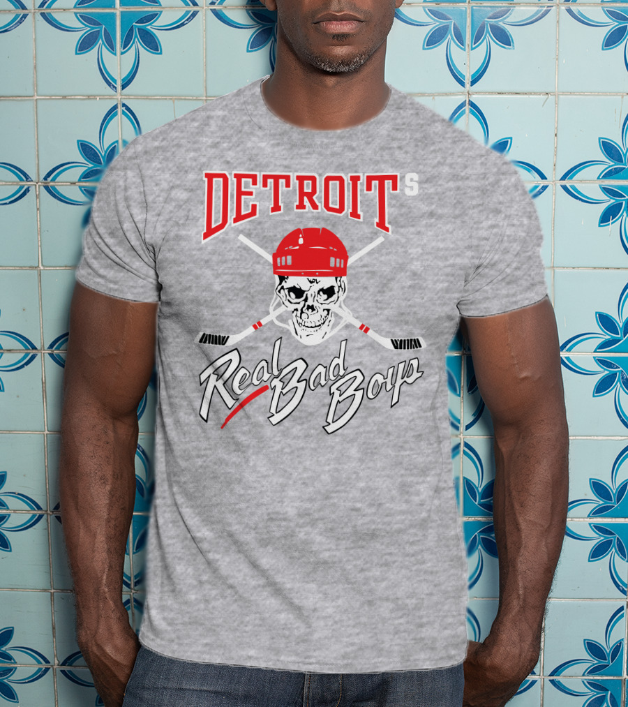 Detroit Real Bad Boys Skull With Hockey Helmet And Crossed Sticks T-Shirt