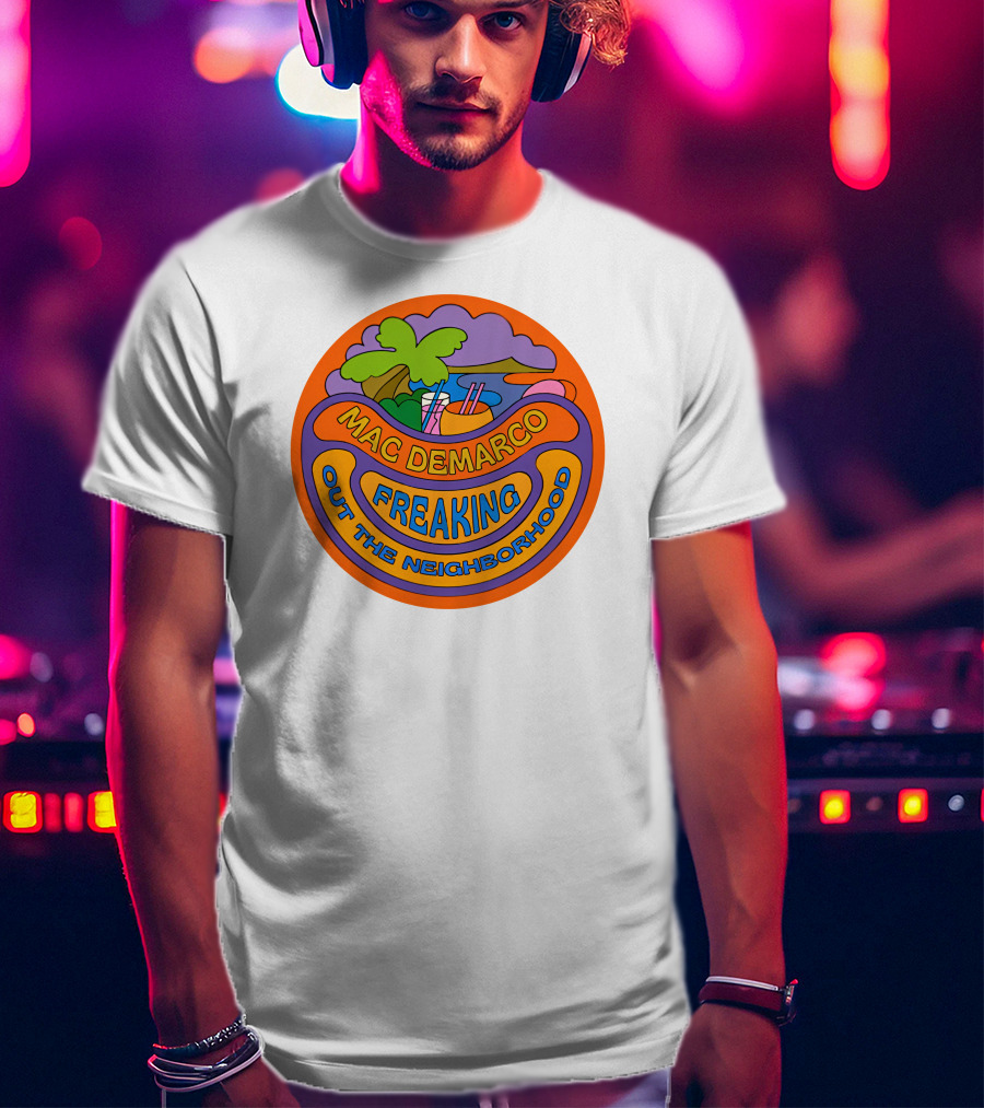 Mac Demarco Freaking Out The Neighborhood Colorful Retro Design With Beach And Palm Tree Elements T-Shirt