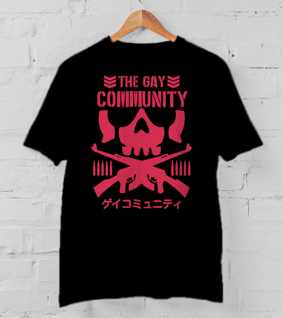 The Gay Community Japanese Text Skull And Crossed Rifles T-Shirt