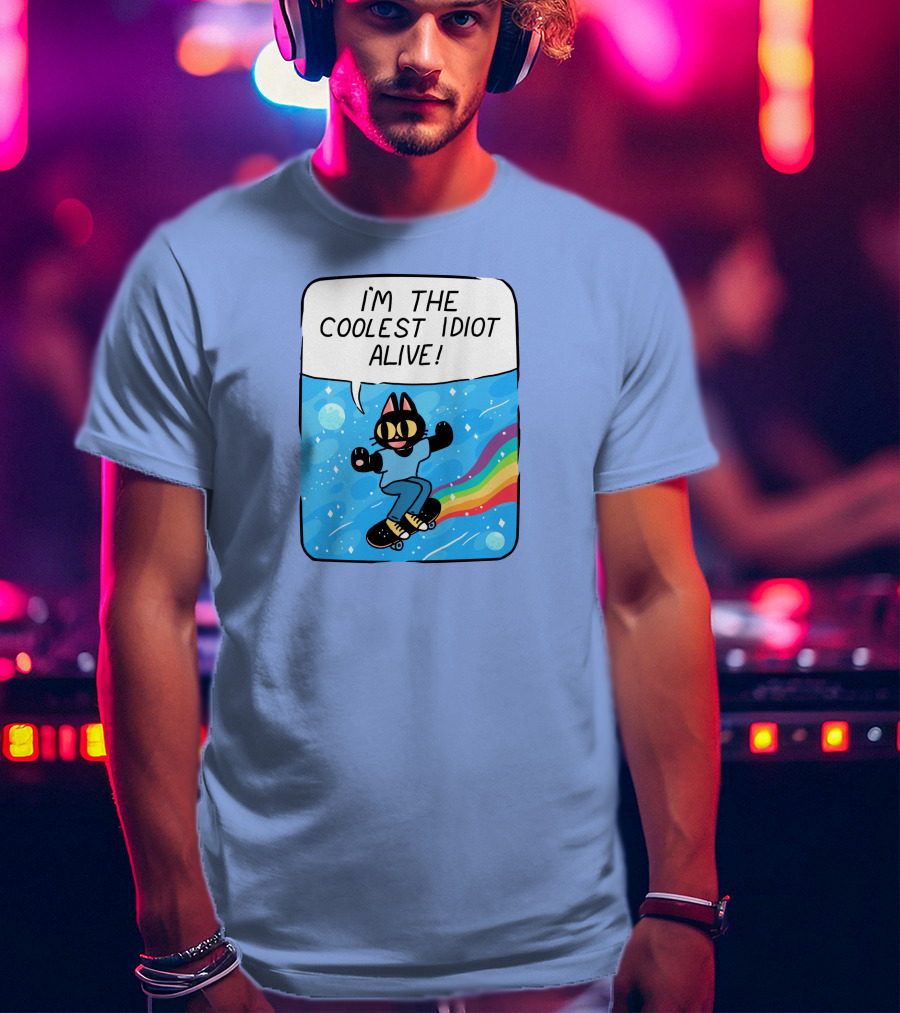Mollyjohnt I'm The Coolest Idiot Alive Skateboarding Cat With Rainbow Trail T-Shirt