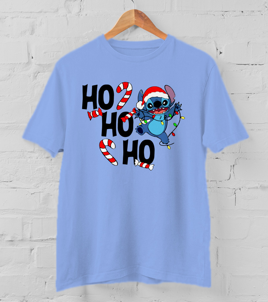 Stitch Ho Ho Ho Christmas Lights And Candy Canes T-Shirt