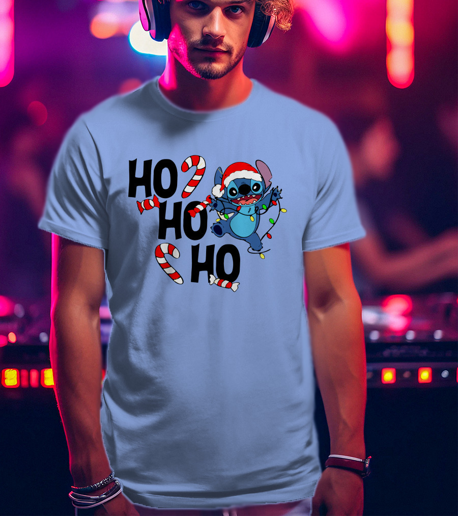 Stitch Ho Ho Ho Christmas Lights And Candy Canes T-Shirt