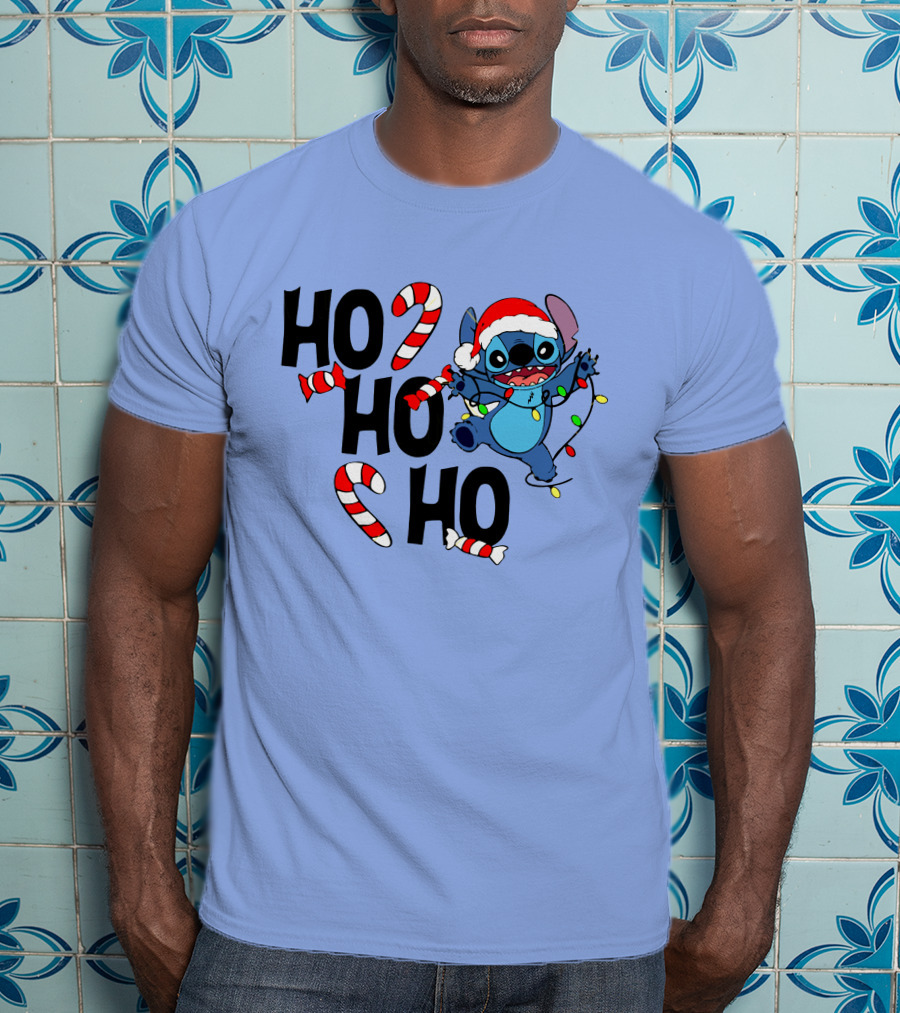 Stitch Ho Ho Ho Christmas Lights And Candy Canes T-Shirt