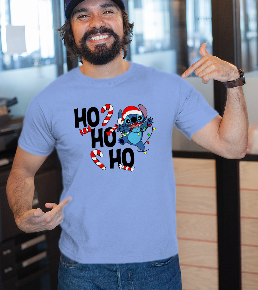 Stitch Ho Ho Ho Christmas Lights And Candy Canes T-Shirt