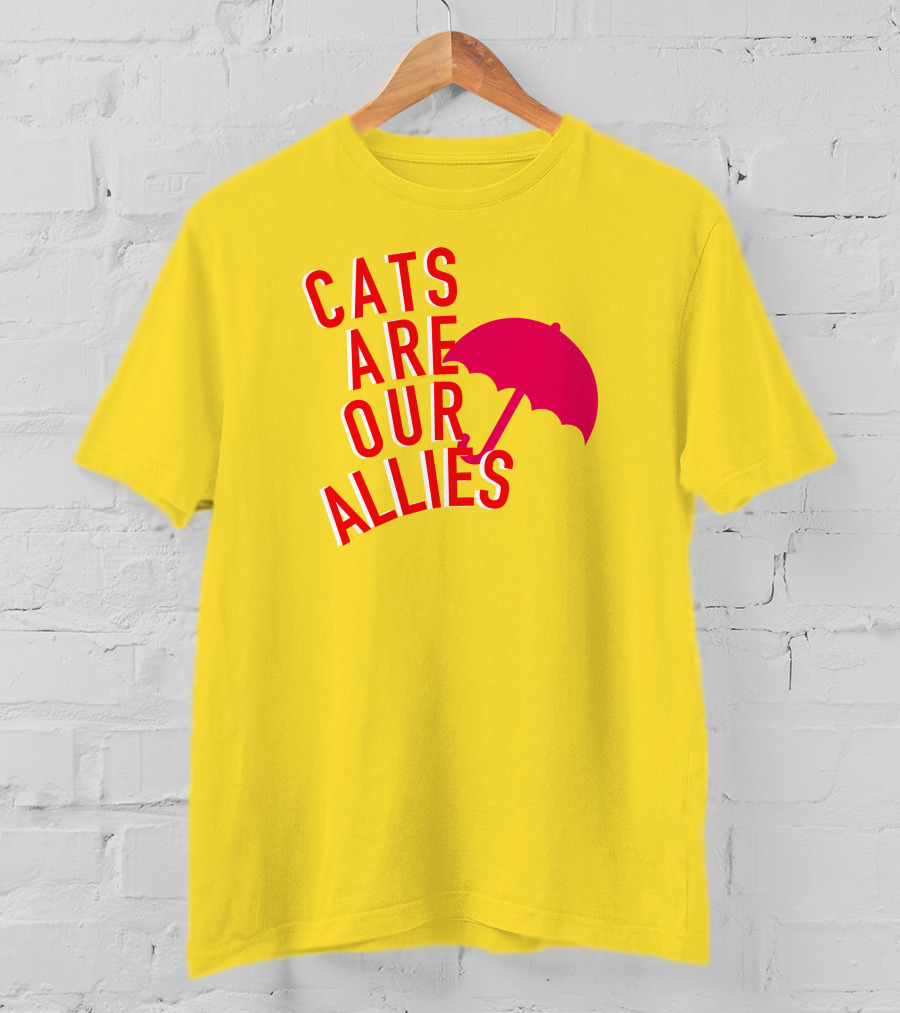 Jortsthecat Cats Are Our Allies Red Umbrella Yellow Background T-Shirt