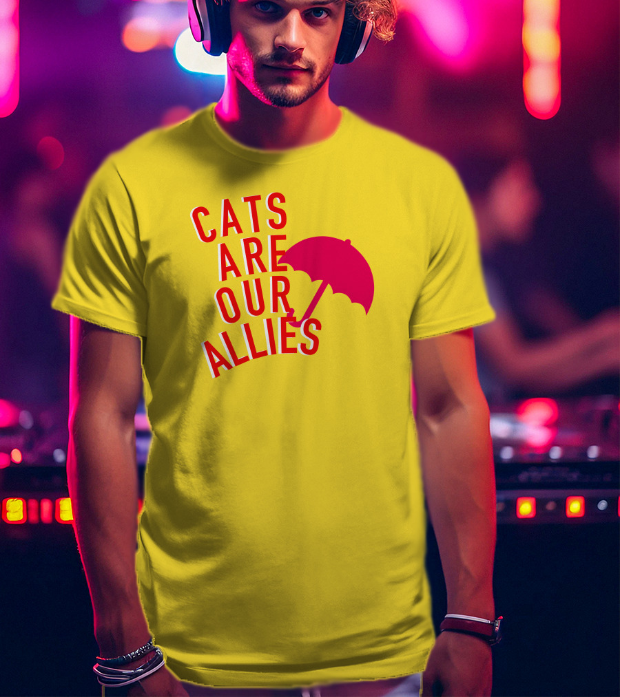 Jortsthecat Cats Are Our Allies Red Umbrella Yellow Background T-Shirt