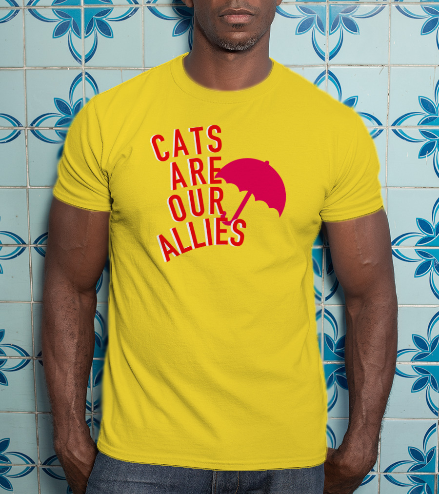 Jortsthecat Cats Are Our Allies Red Umbrella Yellow Background T-Shirt