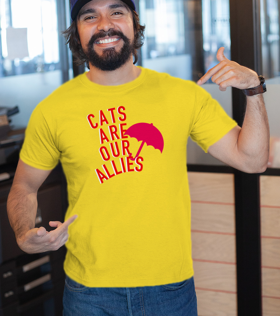 Jortsthecat Cats Are Our Allies Red Umbrella Yellow Background T-Shirt