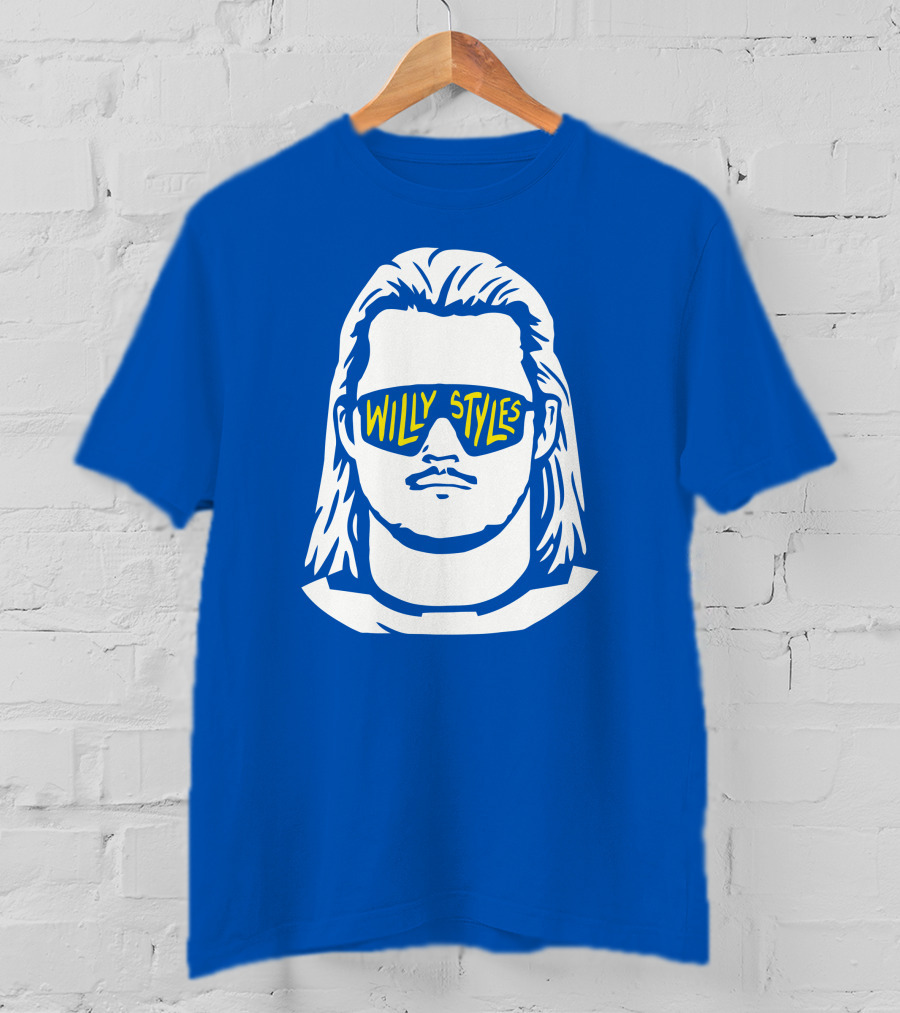 Willy Styles Sunglasses Graphic Blue Background T-Shirt