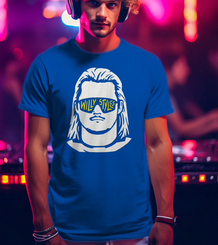 Willy Styles Sunglasses Graphic Blue Background T-Shirt