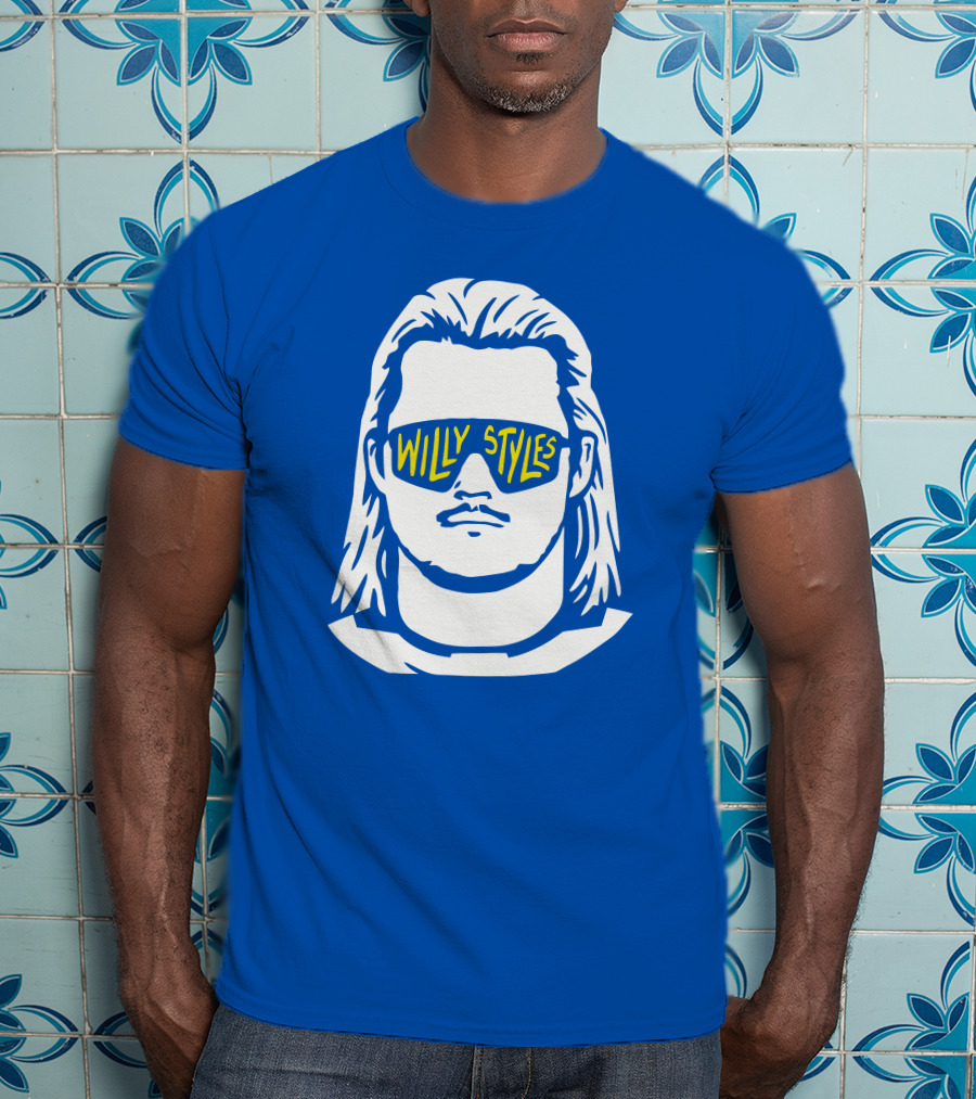 Willy Styles Sunglasses Graphic Blue Background T-Shirt
