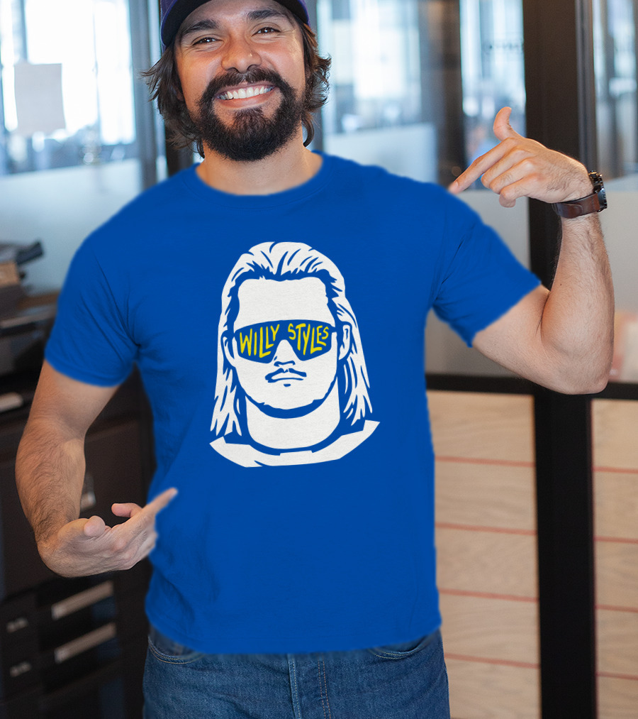 Willy Styles Sunglasses Graphic Blue Background T-Shirt