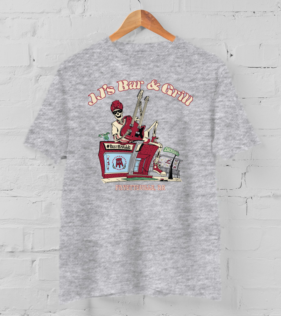 JJ's Bar And Grill Fayetteville AR Best Barstools Skeleton Playing Guitar T-Shirt