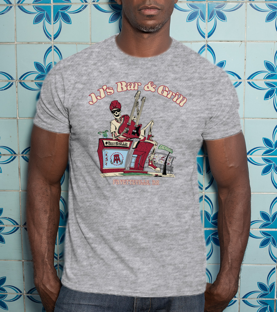 JJ's Bar And Grill Fayetteville AR Best Barstools Skeleton Playing Guitar T-Shirt