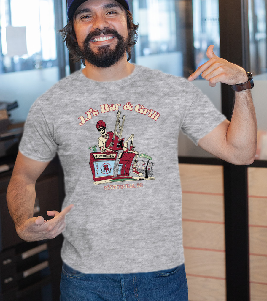 JJ's Bar And Grill Fayetteville AR Best Barstools Skeleton Playing Guitar T-Shirt