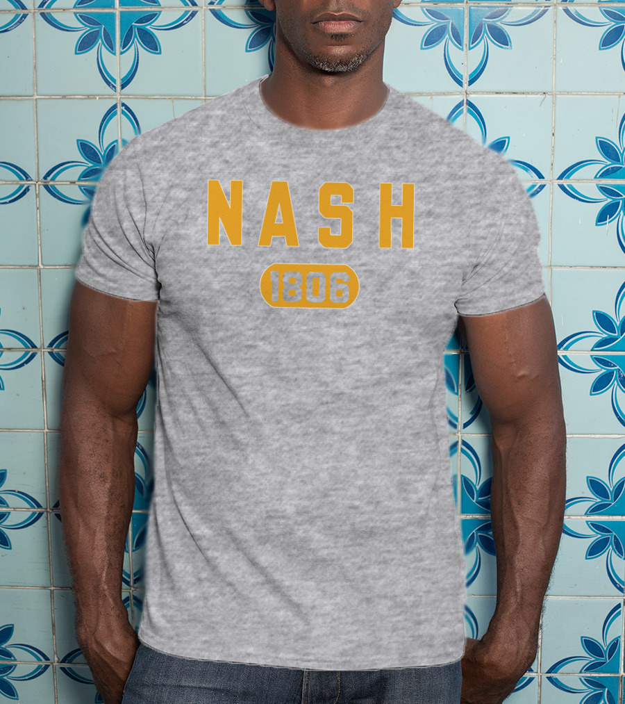 Nash 1806 Retro Varsity Style Yellow Text On Gray Background T-Shirt