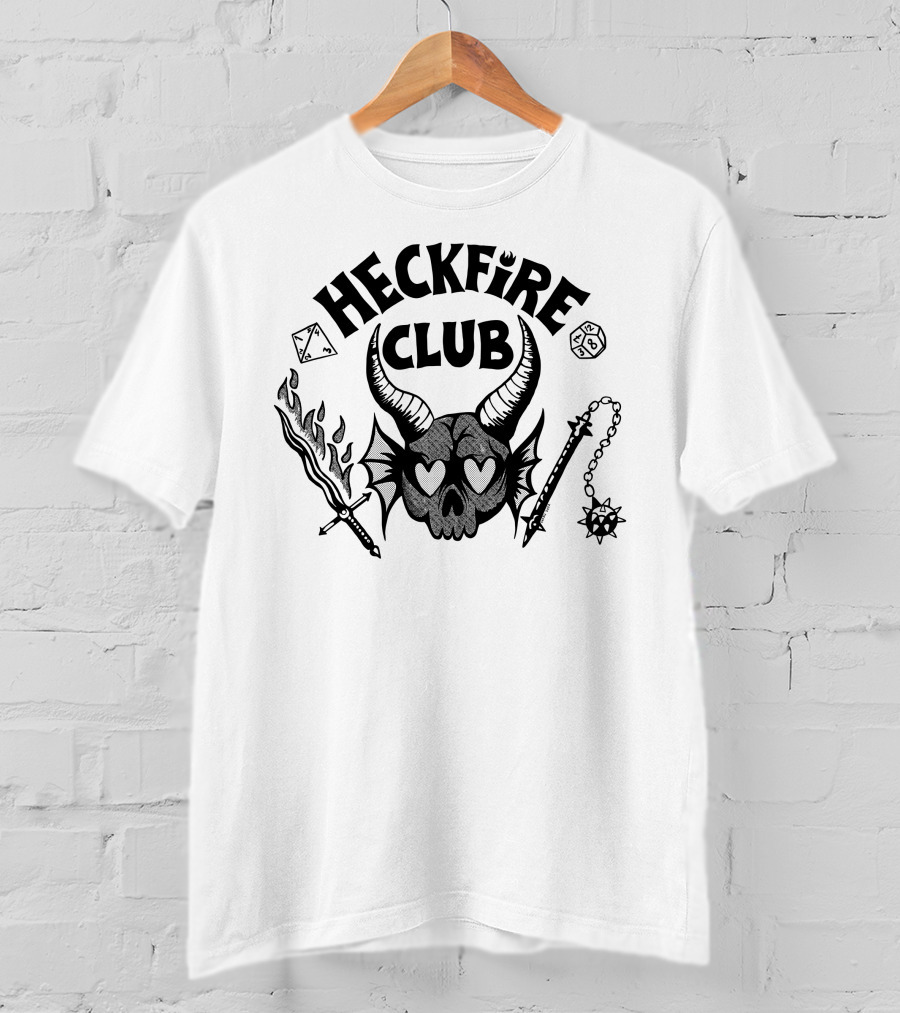 Heckfire Club Hawkins Leather Skull With Horns And Fantasy Dice T-Shirt