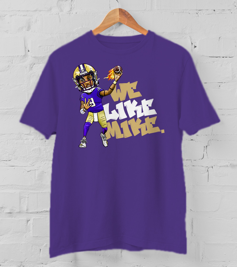 We Like Mike Football Character In Purple And Gold Gear Holding Flaming Ball T-Shirt