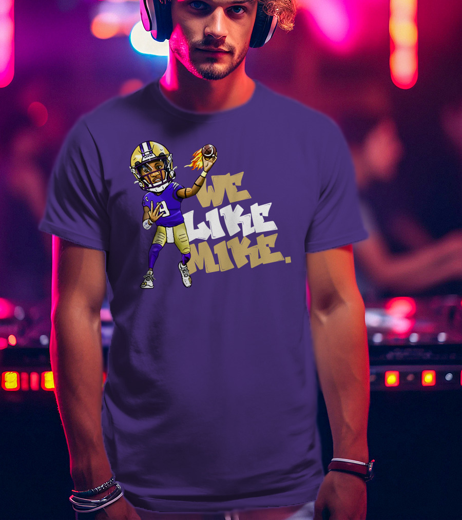 We Like Mike Football Character In Purple And Gold Gear Holding Flaming Ball T-Shirt