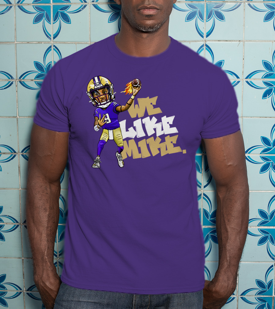 We Like Mike Football Character In Purple And Gold Gear Holding Flaming Ball T-Shirt