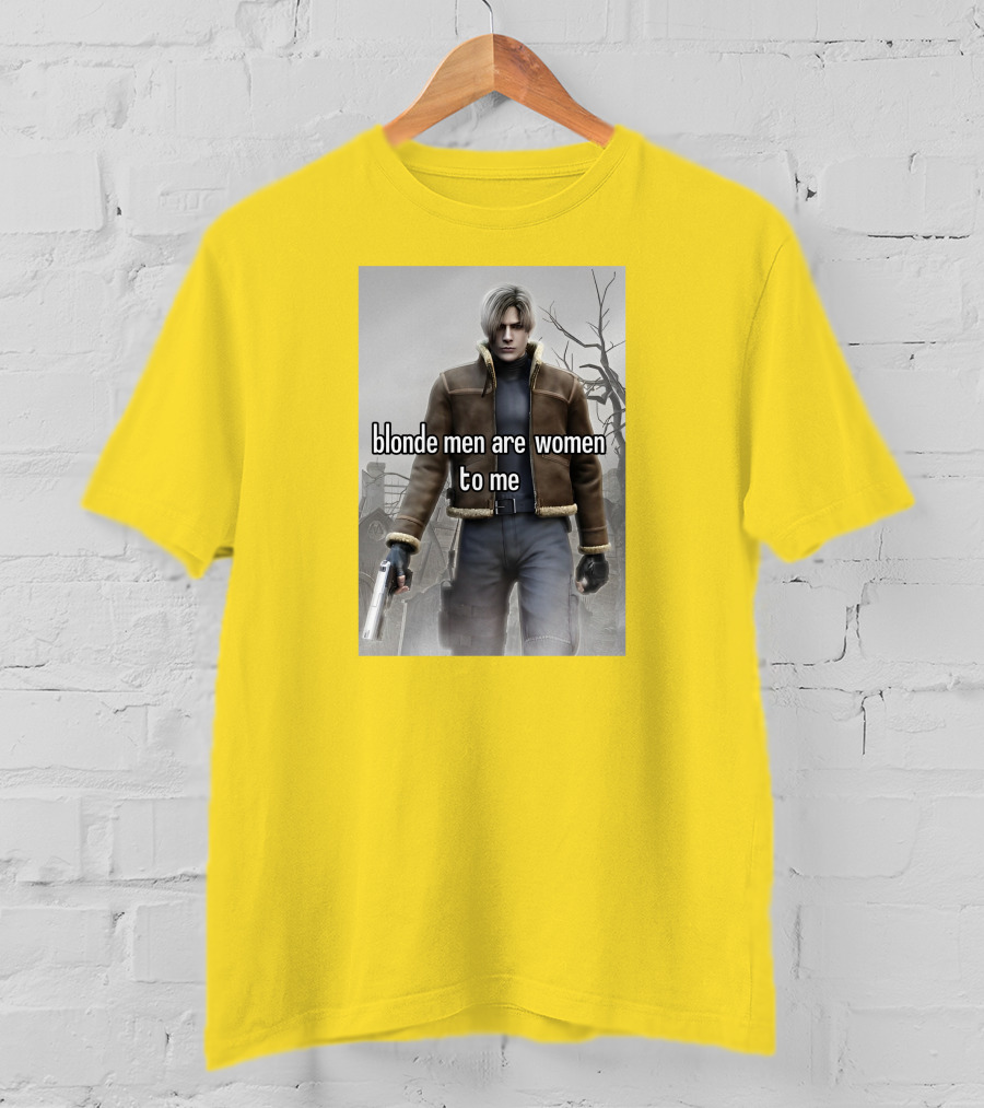 Blonde Men Are Women To Me Resident Video Game Character Brown Jacket Gun T-Shirt