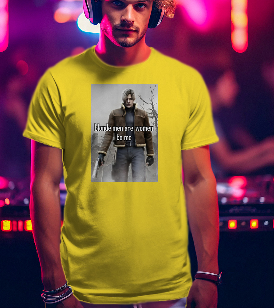 Blonde Men Are Women To Me Resident Video Game Character Brown Jacket Gun T-Shirt