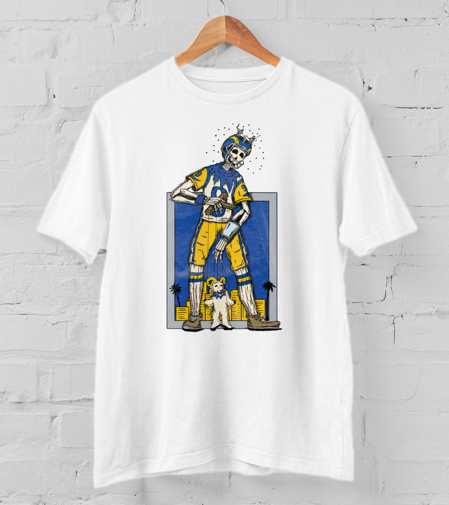 LA Skeleton Football Player Blue Gold Dog Helmet Cityscape T-Shirt