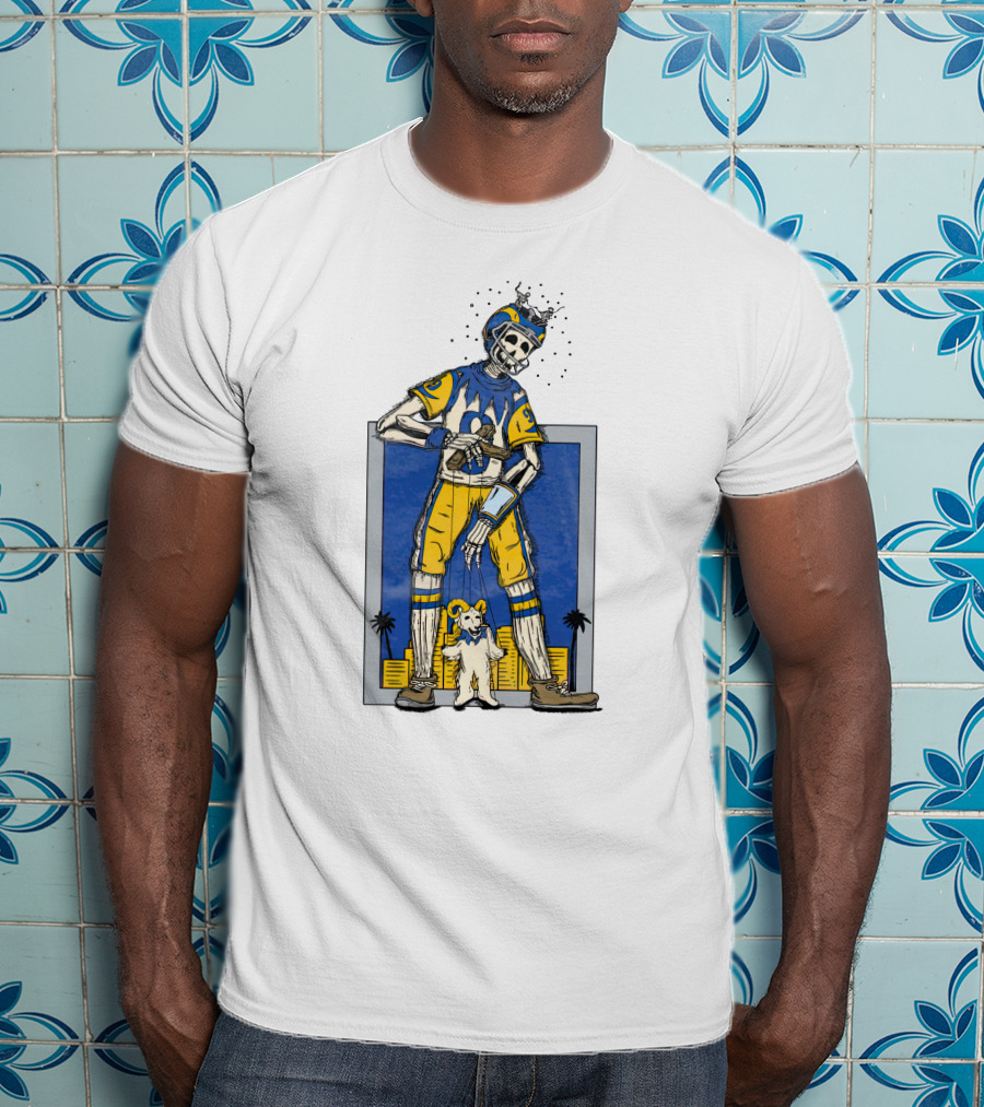LA Skeleton Football Player Blue Gold Dog Helmet Cityscape T-Shirt