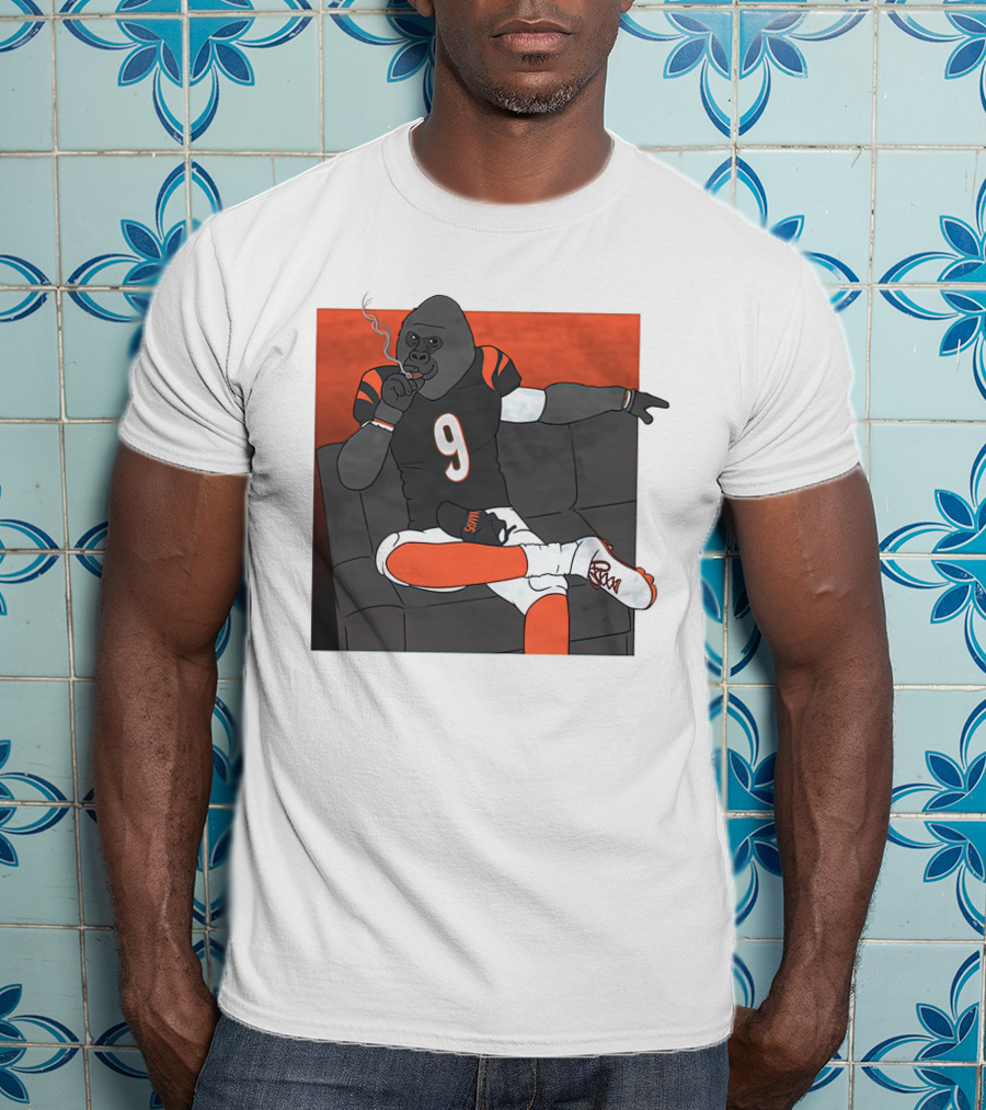 Harambe Smoking Gorilla Wearing Number 9 Jersey Sitting On Couch T-Shirt