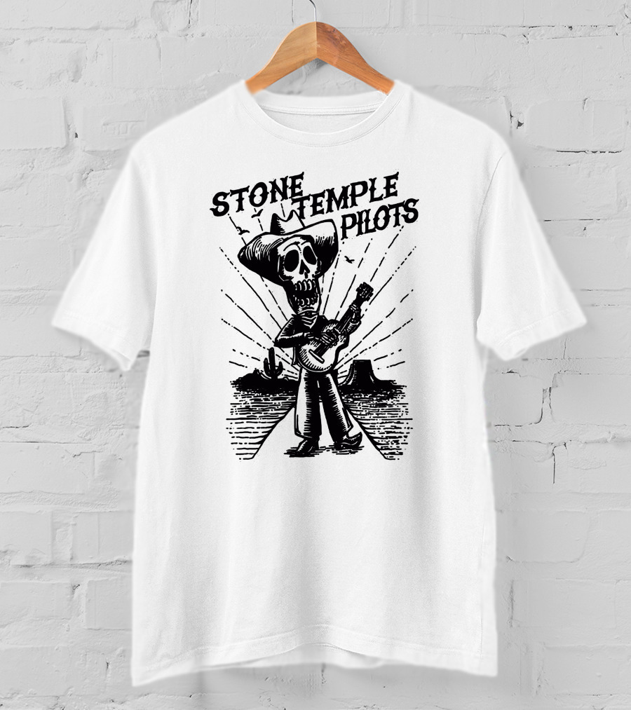STONE TEMPLE PILOTS Skeleton Cowboy Playing Guitar Desert Scene T-Shirt