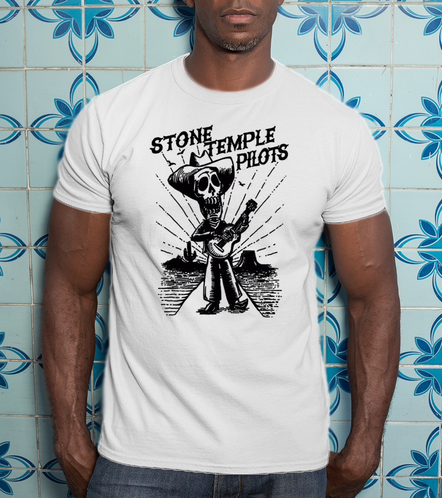 STONE TEMPLE PILOTS Skeleton Cowboy Playing Guitar Desert Scene T-Shirt