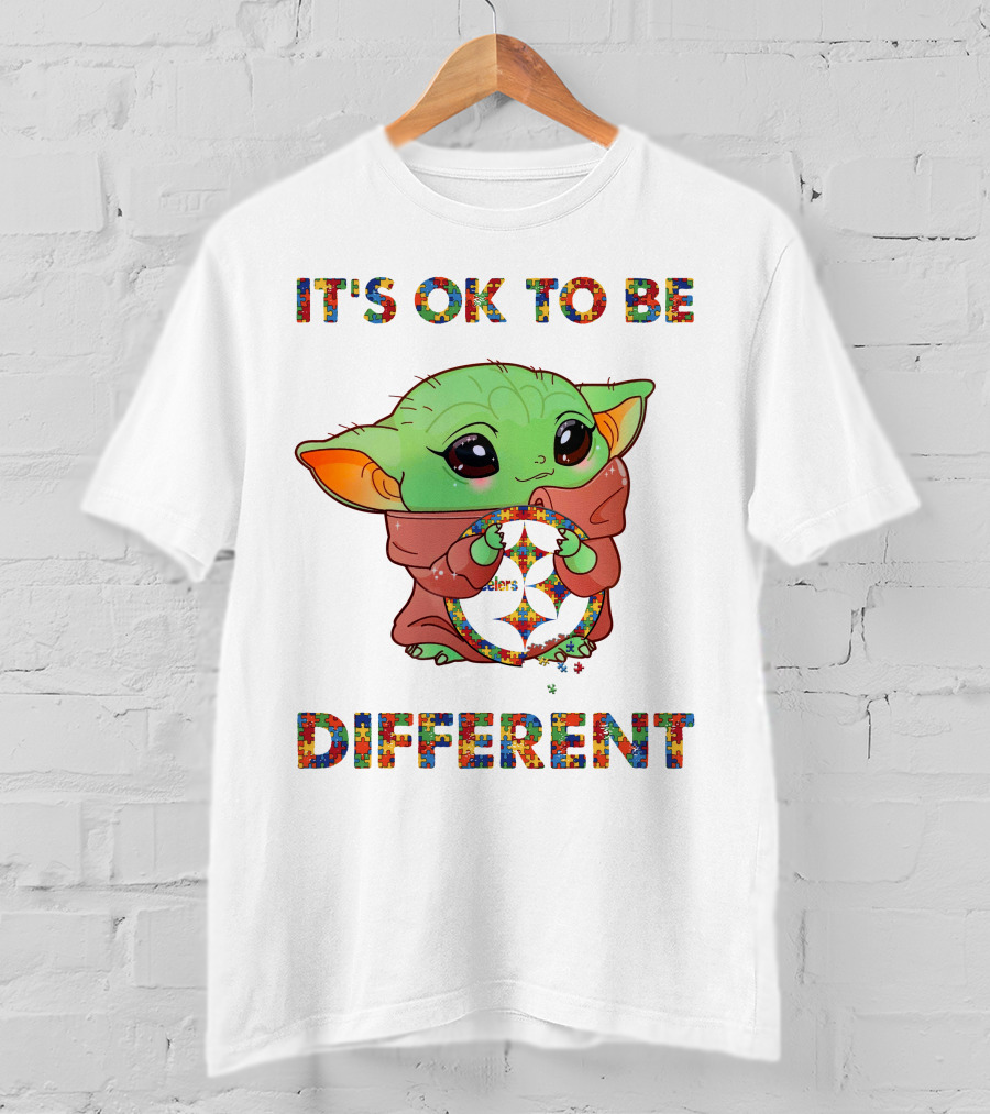 It's Ok To Be Different Baby Yoda Holding Pittsburgh Steelers T-Shirt