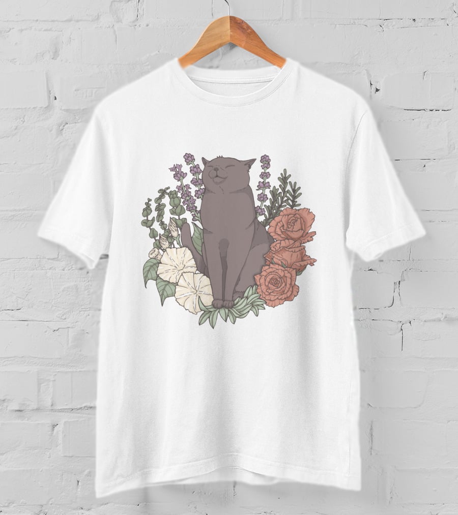 Blissful Cat Surrounded By Autumn Floral Breeze T-Shirt